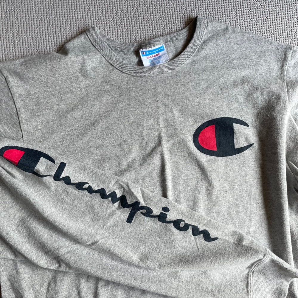 Vintage Champion Long Sleeve Shirt XL Gray Big C Sleeve Logo